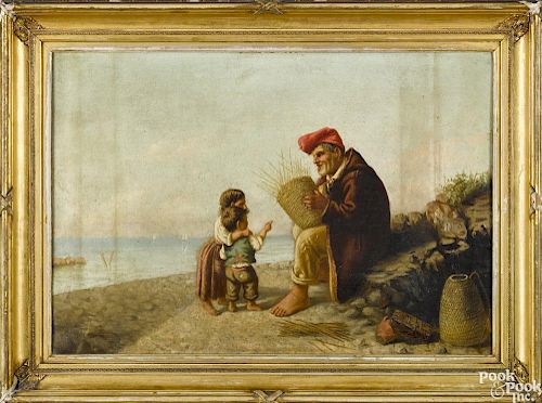 Continental oil on canvas coastal scene, late 19th c., with a man weaving a basket, 18'' x 26 1/2''.