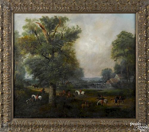 Oil on canvas landscape, 19th c., with a hunting party, signed H.V.S. Seymour, 22'' x 26''.