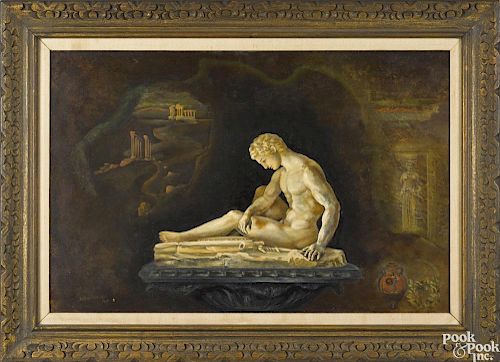 Florian Durzynski (German/American 1902-1969), oil on board of a marble statue with classical ruins