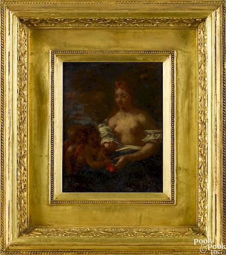 Continental oil on board, 19th c., depicting a woman and two cherubs, 8 1/4'' x 6 1/4''.