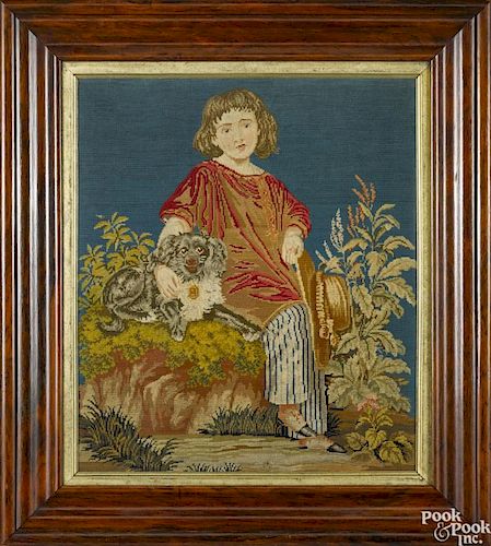 Victorian needlework of a boy and his dog, 24'' x 20 1/2''.