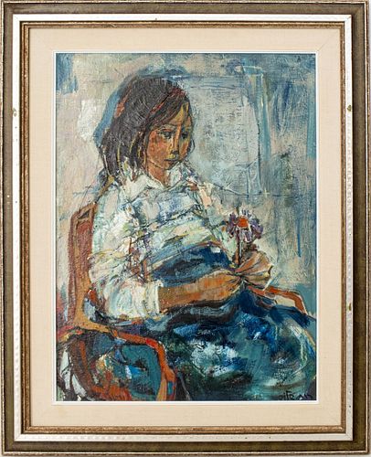 Ruth Schloss "Girl with Flower" Oil on Canvas