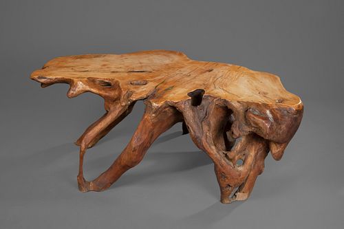 New Mexico, Burled Natural Wood Table with Turquoise Inlay