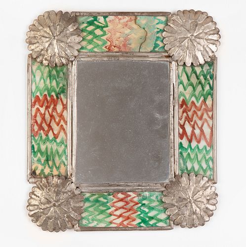 New Mexico, Tin Mirror with Reverse Painted Glass, 19th Century