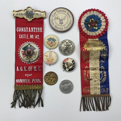 Lot of 11 Antique Fraternal Ribbons and Buttons