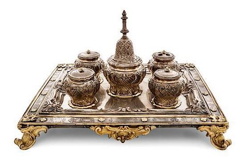 An Italian Silver and Silver-Gilt Standish, Mark of Geronimo di Benedetto, Naples, 1733, rectangular, fitted for five jars, the