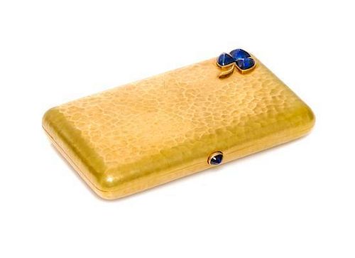 A Russian Gold and Sapphire Inset Cigarette Case, Edward Schramm, St. Petersburg, 19th/20th Century, of rectangular form with sh