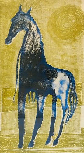 Mid-Century Abstract Print, Blue Horse