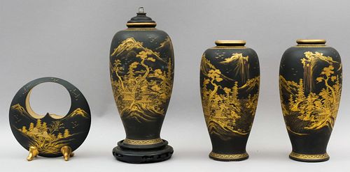 Lot of 4 Satsuma Black & Gold Vases
