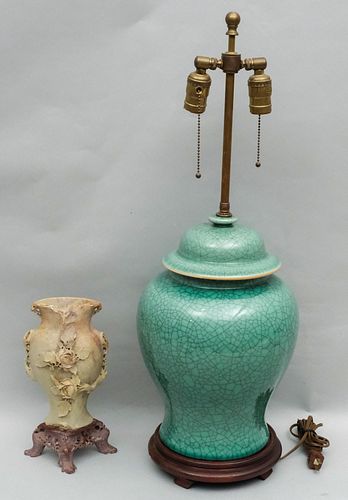 Large Celadon Lamp and a Soapstone Vase