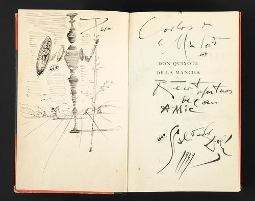 SALVADOR DALÍ I DOMÈNECH (Figueres, Girona, 1904 - 1989).
"Don Quixote of La Mancha".
Ink drawing on paper on page of "Don Quixote", 1949.
Signed and 