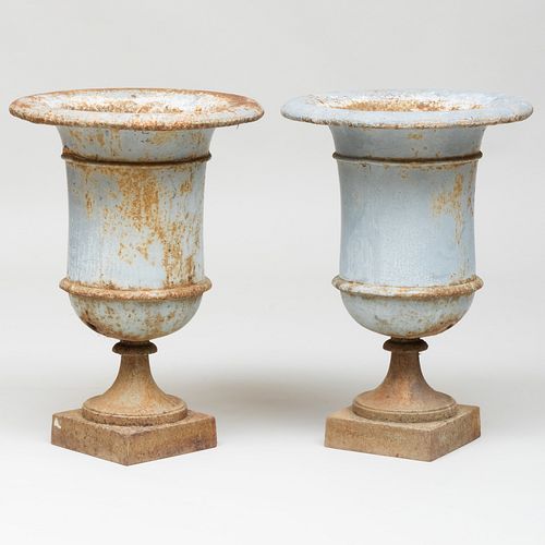 Pair of Grey Painted Cast-Iron Garden Urns