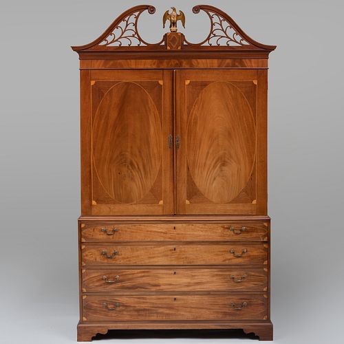 Fine Federal Inlaid Mahogany Linen Press, New York, Attributed to Michael Allison