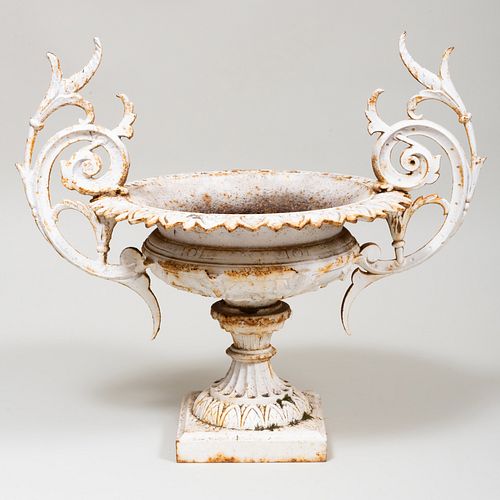 Fine White Painted Garden Urn, Stamped J.W. Fiske, Barclays, N.Y., No 21 & 23, PAT'D May 12, 1874