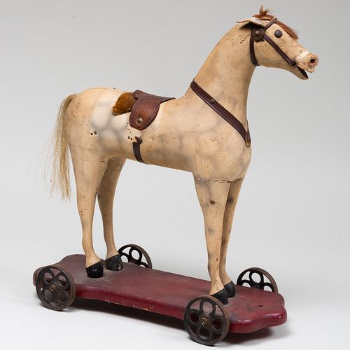 Painted Wood and Leather Horse Pull Toy