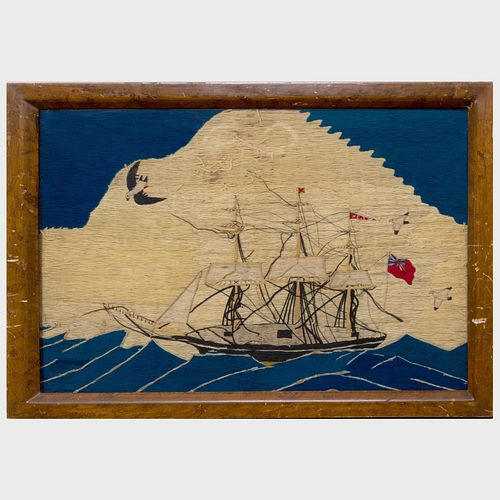 English Woolwork Picture of a Ship with Seagulls