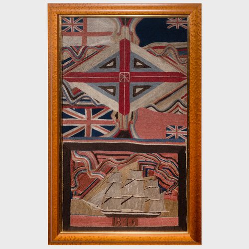 Large English Woolwork Picture of a Union Jack and a Ship, dated 1846
