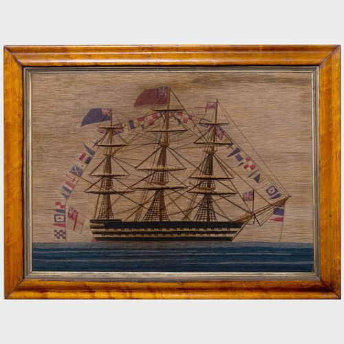 English Woolwork Picture of a Battleship with Flags
