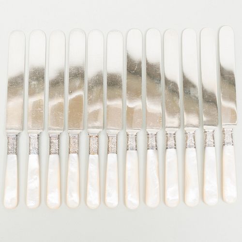 Two Sets of Six American Silver-Mounted Mother-of-Pearl Handled Knives