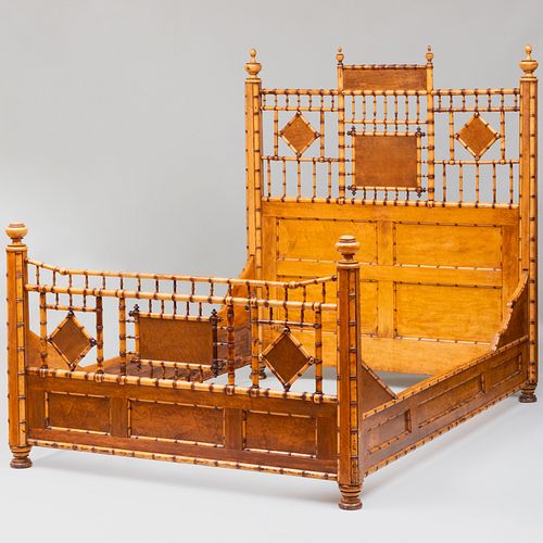 Faux Bamboo and Bird's Eye Maple Bed, Attributed to R. J. Horner