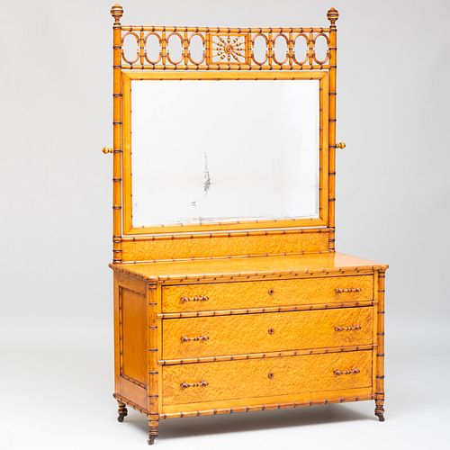Faux Bamboo and Bird's Eye Maple Chest of Drawers with Mirror, Attributed to J. R. Horner