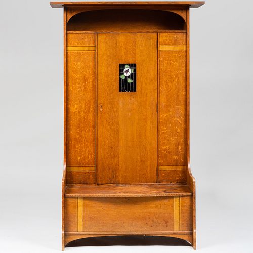 Scottish Arts & Crafts Oak Hall Cupboard with Leaded Glass Panel by Earnest Archibald Taylor for Wylie & Lockhead, Glasgow