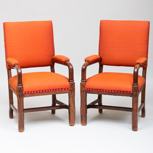 Pair of English Reform Gothic Oak Armchairs, in the Style of Gillow