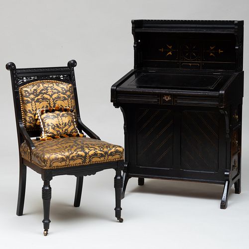 American Aesthetic Movement Ebonized and Parcel-Gilt Davenport Desk and Associated Side Chair