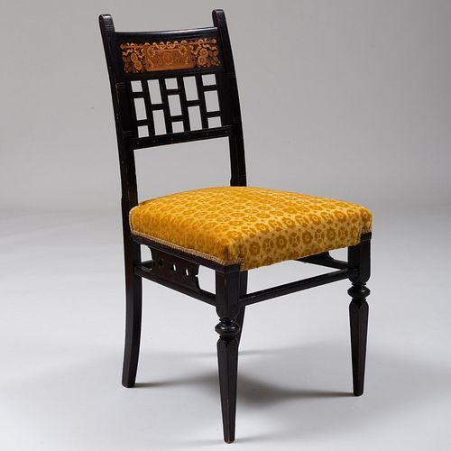 Fine Aesthetic Movement Ebonized, Parcel-Gilt and Various Woods Marquetry Side Chair, Herter Brothers