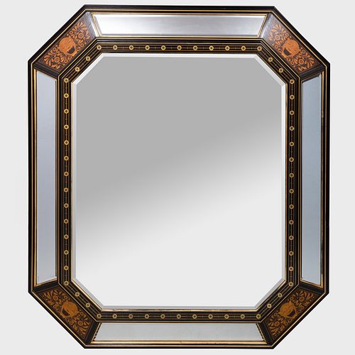 Fine and Large Aesthetic Movement Ebony, Bone and Various Woods Marquetry and Parcel-Gilt Mirror, Herter Brothers