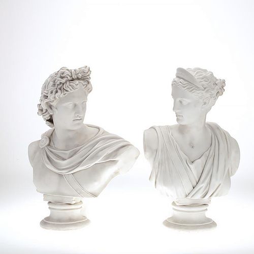 Pair large Parian busts of Apollo and Diana