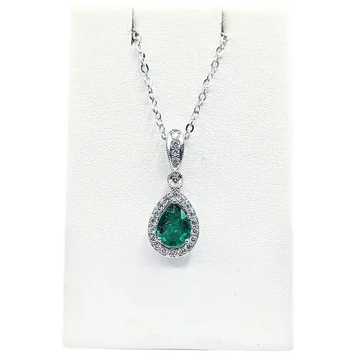 Beautiful Emerald & Diamond Halo Pendant Necklace
