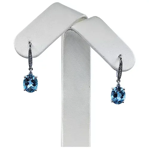 Bright Blue Topaz & Diamond Dangle Earrings
