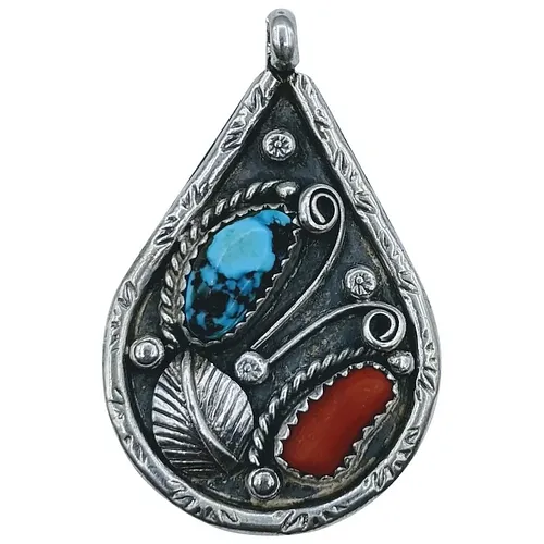Beautiful Vintage Turquoise & Coral Sterling Pendant