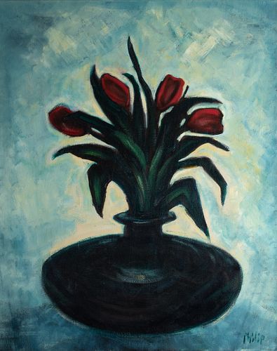 Philip Barter - "Red Tulips with Indian Pot" 1991