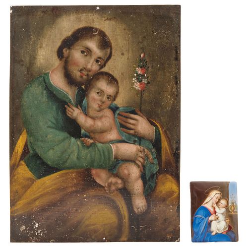 Lote de 2 imágenes religiosas. Consta de: San José con el Niño. México, SXIX. Óleo sobre lámina de zinc. Otro.