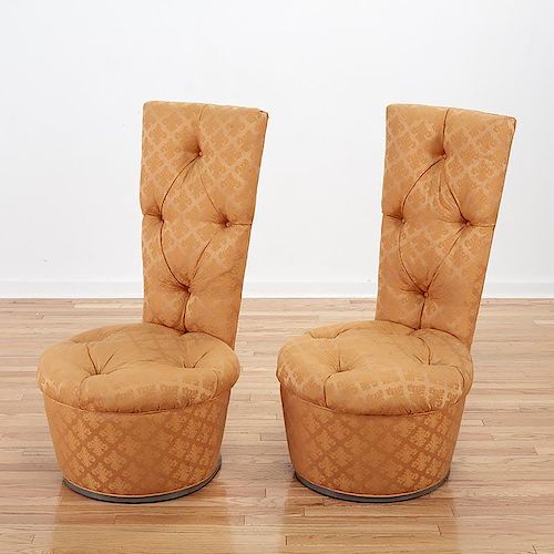 Pair James Mont tufted tall back chairs