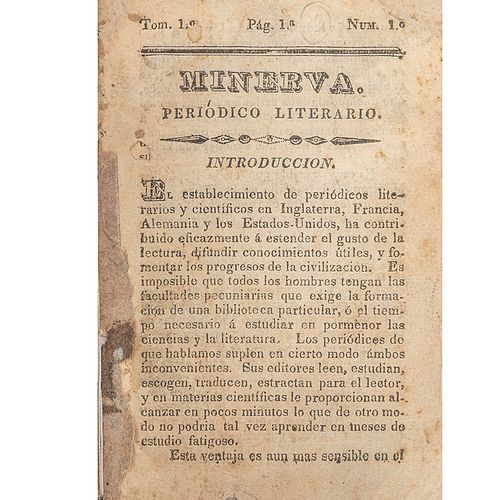 Heredia, José María. Minerva, Periódico Literario. México, 1834. Tomo I, Número 1.