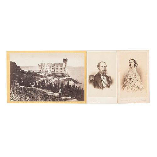 Retratos de Carlota y Maximiliano / Vista del Castillo de Miramar. 2 tarjetas de visita y una tarjeta cabinet. Piezas: 3.