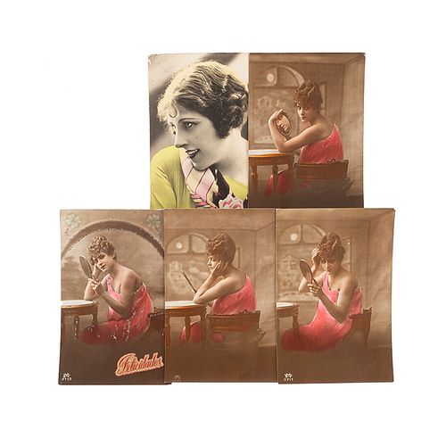 Retratos de Mujeres. Fotopostales con detalles a color (una con dedicatoria). Ca. 1930. Piezas: 5.