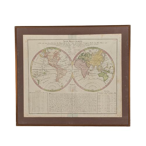 Neue Welt Karte welche auf Zwoo Kugelflaechen die Haupt-Theile der Erde . . . Nuremberg, 1784. Mapa grabado, coloreado. Enmarcado.