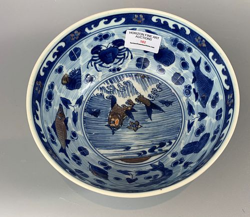 LARGE CHINESE BLUE AND WHITE WITH COPPER RED PORCELAIN BOWL ,D 18CM H 9CM