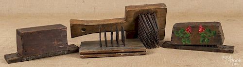 Four iron and wood flax hatchels, 19th c.