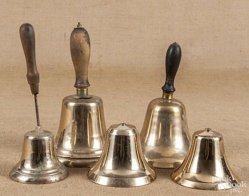 Five brass hand bells, 19th c.