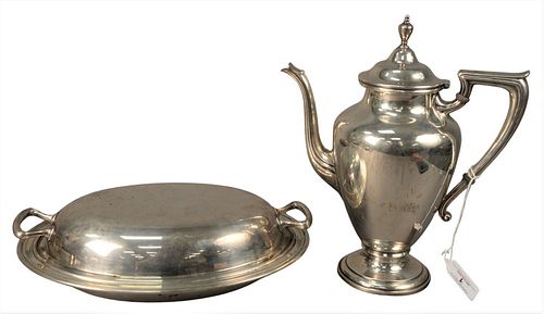Three Piece Lot of Sterling Silver, to include a monogramed bowl, a teapot, along with a covered vegetable dish, teapot height 10 inches, 54.4 t.oz.