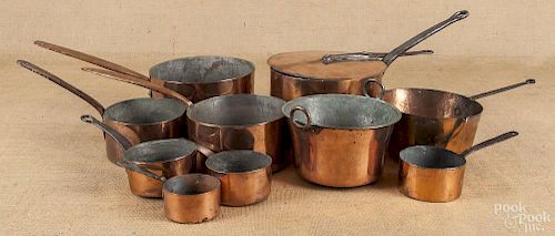 Ten copper cooking pots and pans, 19th c.