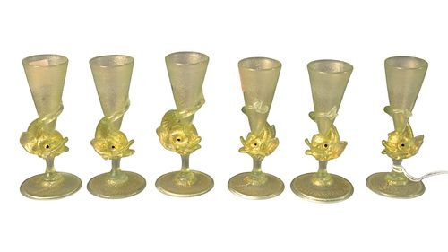 Set of Seven Venetian Glass Cordials, having dolphin form stem, height 4 1/2 inches.