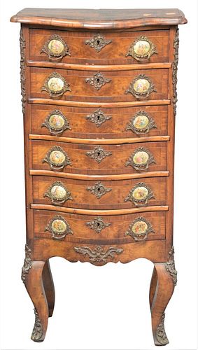 Diminutive Burlwood Chest, having six drawers each with two porcelain hand painted scenes, height 32 1/2 inches, top 12" x 16 1/2".