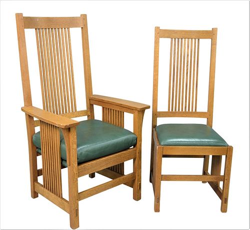 Set of Eight Stickley Mission Style Oak Dining Chairs, two arm and six side chairs, each having tall slat backs and green leather upholstered seats, e