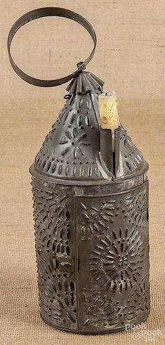 Unusual punched tin candle lantern, 19th c.